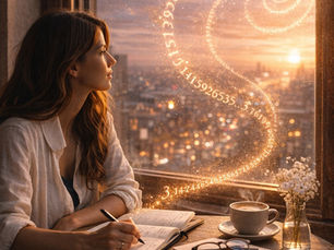 A woman sitting at a cafe table overlooking a city at sunset, writing in a journal as a glowing golden spiral of Pi digits floats in the air, representing the infinite nature of a personal life story and the myth of being behind.
