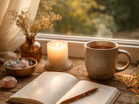 Open journal and candle in soft light representing abundance mindset healing and open-handed trust