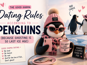 Good karma dating rules according to penguins - stylish penguin with pink accessories holding coffee mug that says 'self-worth over situationships' with dating advice about not ghosting