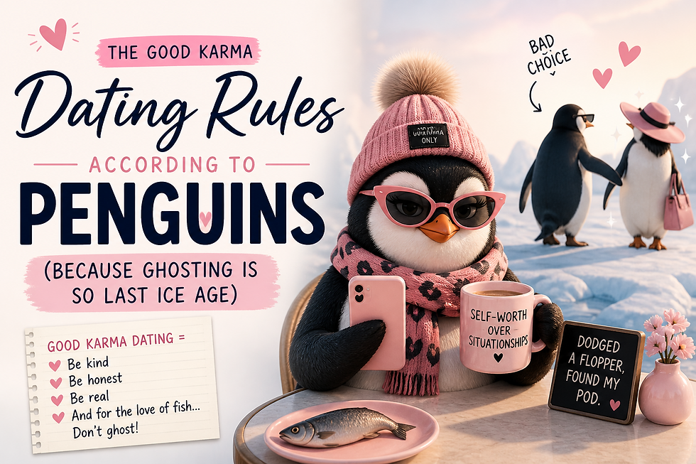 Good karma dating rules according to penguins - stylish penguin with pink accessories holding coffee mug that says 'self-worth over situationships' with dating advice about not ghosting
