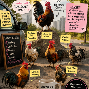 Humorous illustration showing six roosters in a parking lot labeled with workplace personality types including Big Kahuna CEO, confused but committed, follows the crowd, creates problems, and minds their business, with text overlay about workplace dynamics and respect 