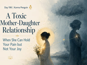 Illustration of a toxic mother-daughter relationship, with a daughter holding flowers in warm light while her mother stands turned away in shadow and rain