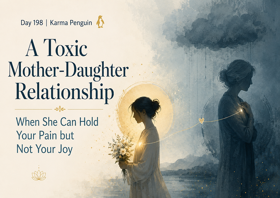 Illustration of a toxic mother-daughter relationship, with a daughter holding flowers in warm light while her mother stands turned away in shadow and rain