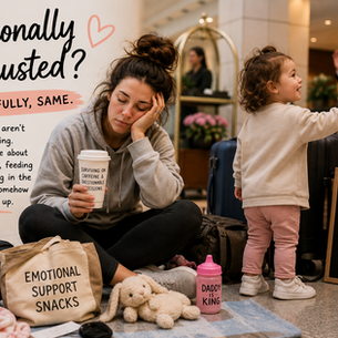 Emotionally exhausted mother sitting in a hotel lobby surrounded by luggage while her cheerful toddler waves at strangers during chaotic family travel