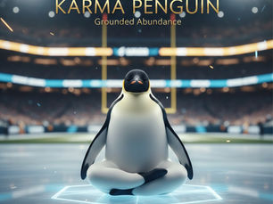 A serene Emperor penguin in a meditative yoga pose on a glowing ice floe in the center of a blurred football stadium. The text above reads 'KARMA PENGUIN Grounded Abundance' in elegant gold lettering, symbolizing nervous system regulation and spiritual neutrality during the Super Bowl.