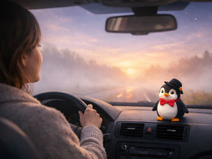 A woman driving toward a sunrise on a foggy road, with a small penguin named Larry wearing a red bow tie and bowling hat on the dashboard, symbolizing a nervous system reset and the lifting of mental fog.