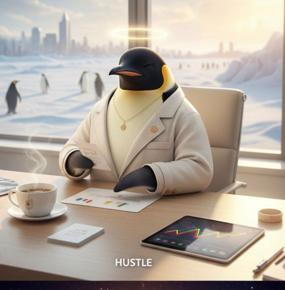 A calm penguin at a modern desk choosing abundance over hustle, symbolizing energetic luxury and success in 2026