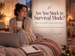 Woman wrapped in a cozy blanket holding a mug that says 'A Softer Tomorrow,' next to the title card for the Karma Penguin blog post 'Are You Stuck in Survival Mode?