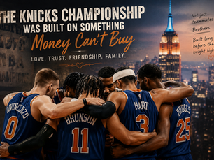 Knicks championship celebration with Villanova teammates Jalen Brunson, Josh Hart, former teammate Donte DiVincenzo, and Mikal Bridges huddled together in New York, symbolizing trust, friendship, and teamwork that built their historic win