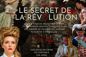 plusieurs personnages sont tout autour de l’image, le texte central nous invite à enquêter pour découvrir qui a tué madame Elisabeth à Versailles, scène de crime, coupable, arme