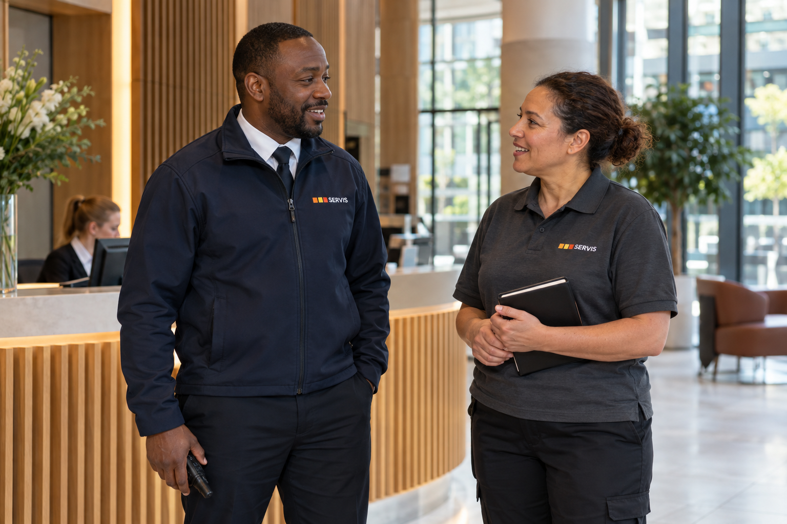 Illustrative Servis colleagues at a workplace handover