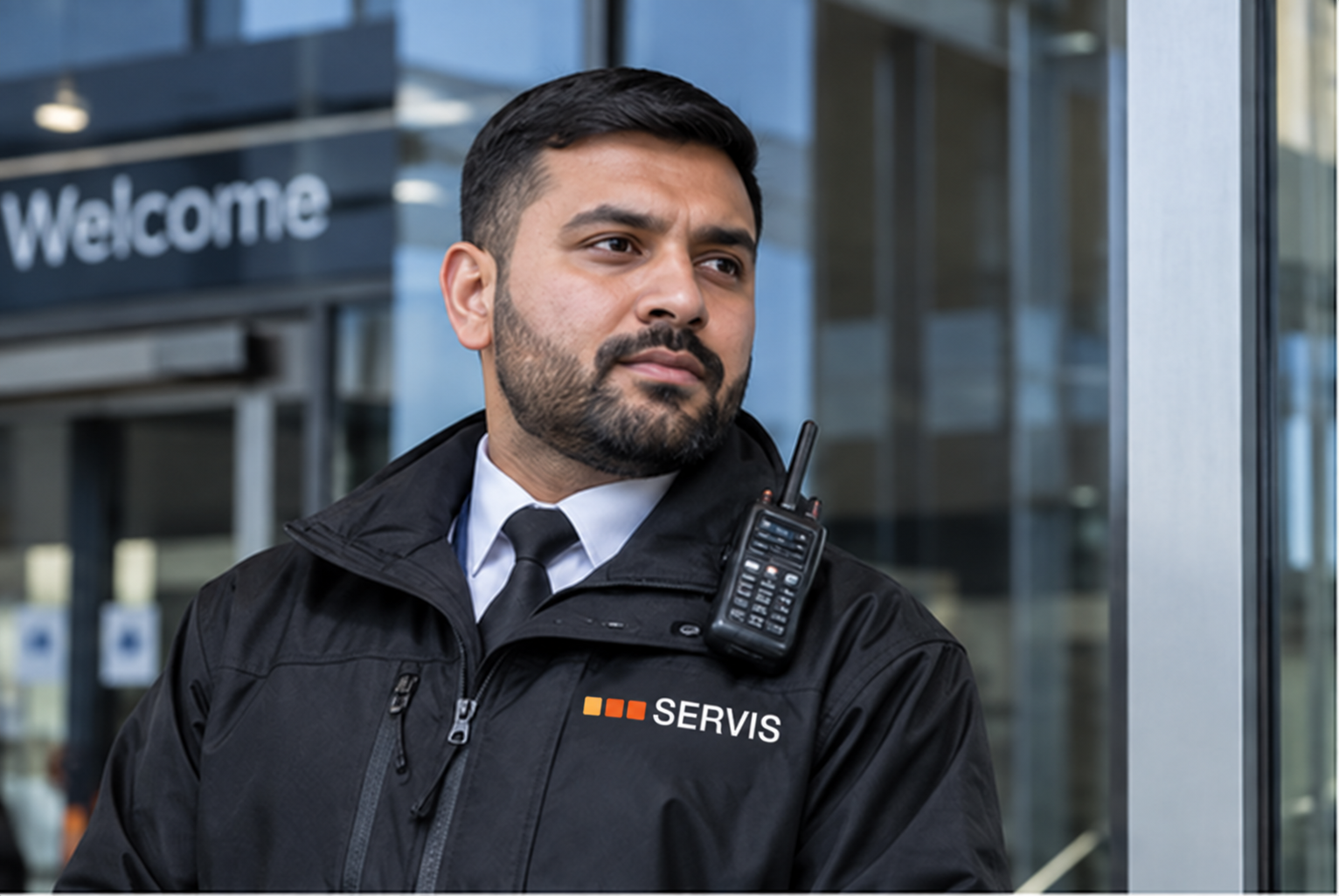 Illustrative Servis security officer wearing the amber and orange square logo at a commercial site
