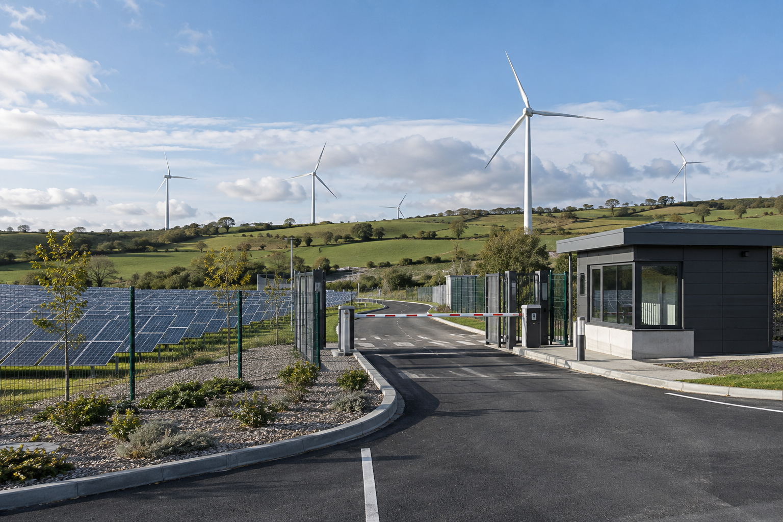 Energy site with wind turbines and solar panels