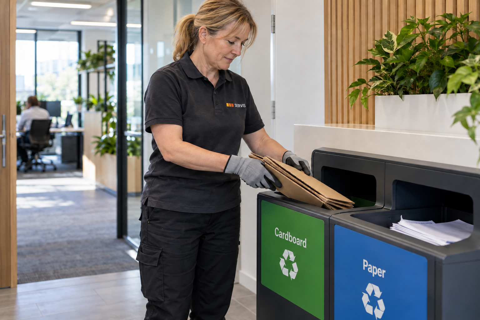 Illustrative Servis facilities colleague sorting clean cardboard for office recycling
