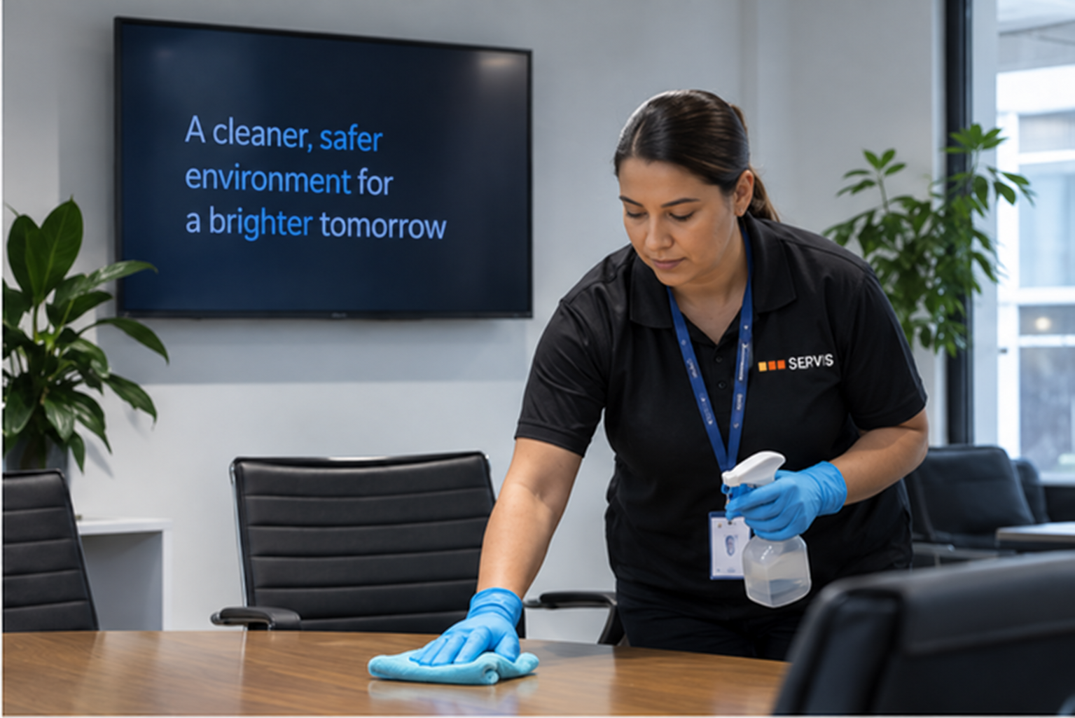 Illustrative Servis colleague cleaning a commercial building