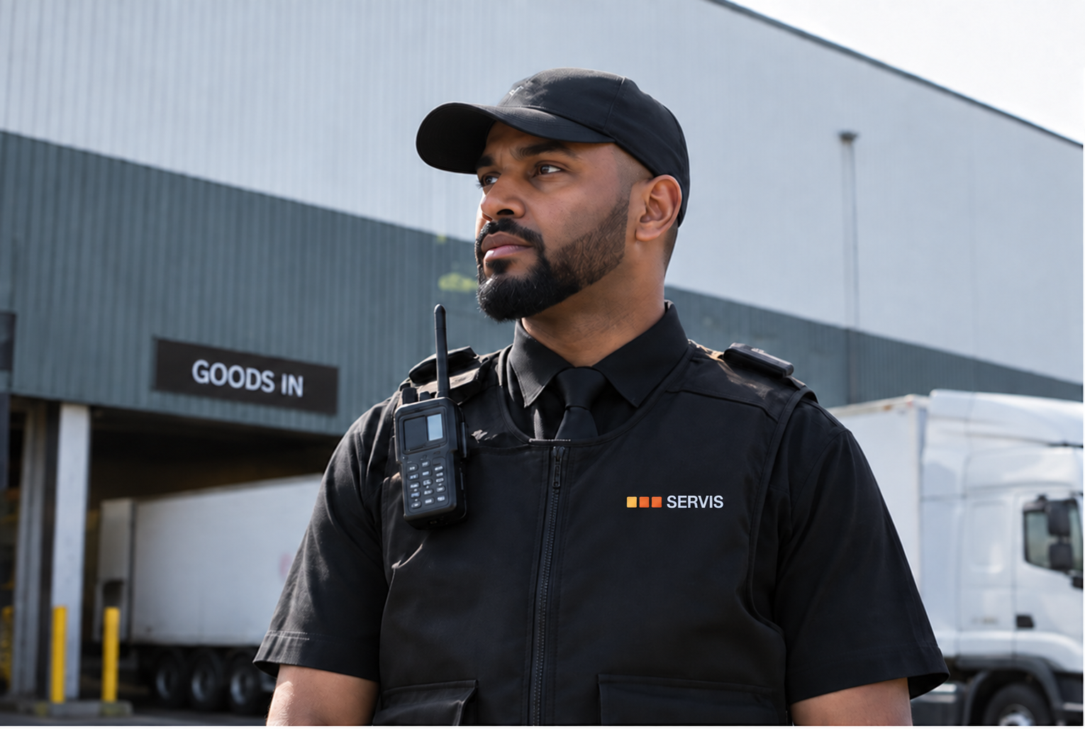 Illustrative Servis security officer; the client account concerns Britanniacrest
