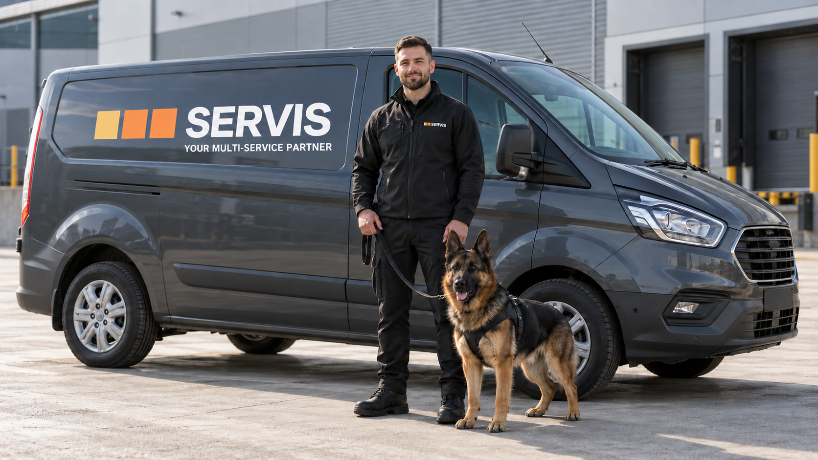 Illustrative Servis K9 handler and security dog beside a branded service vehicle