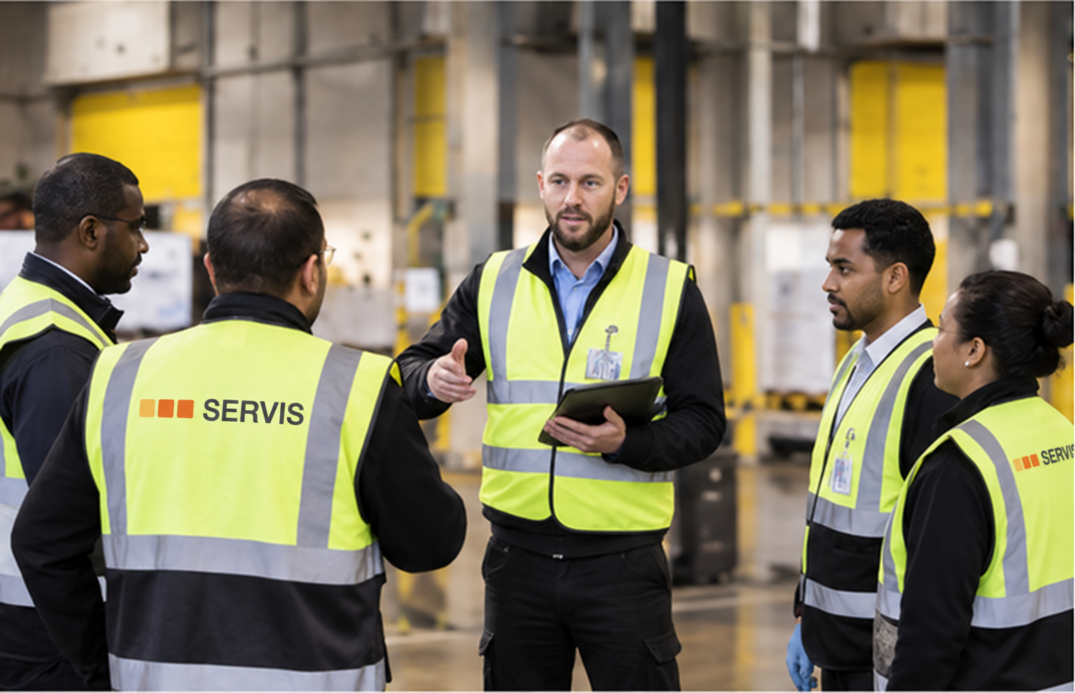 Illustrative Servis team briefing; the project account concerns 100 Kensington