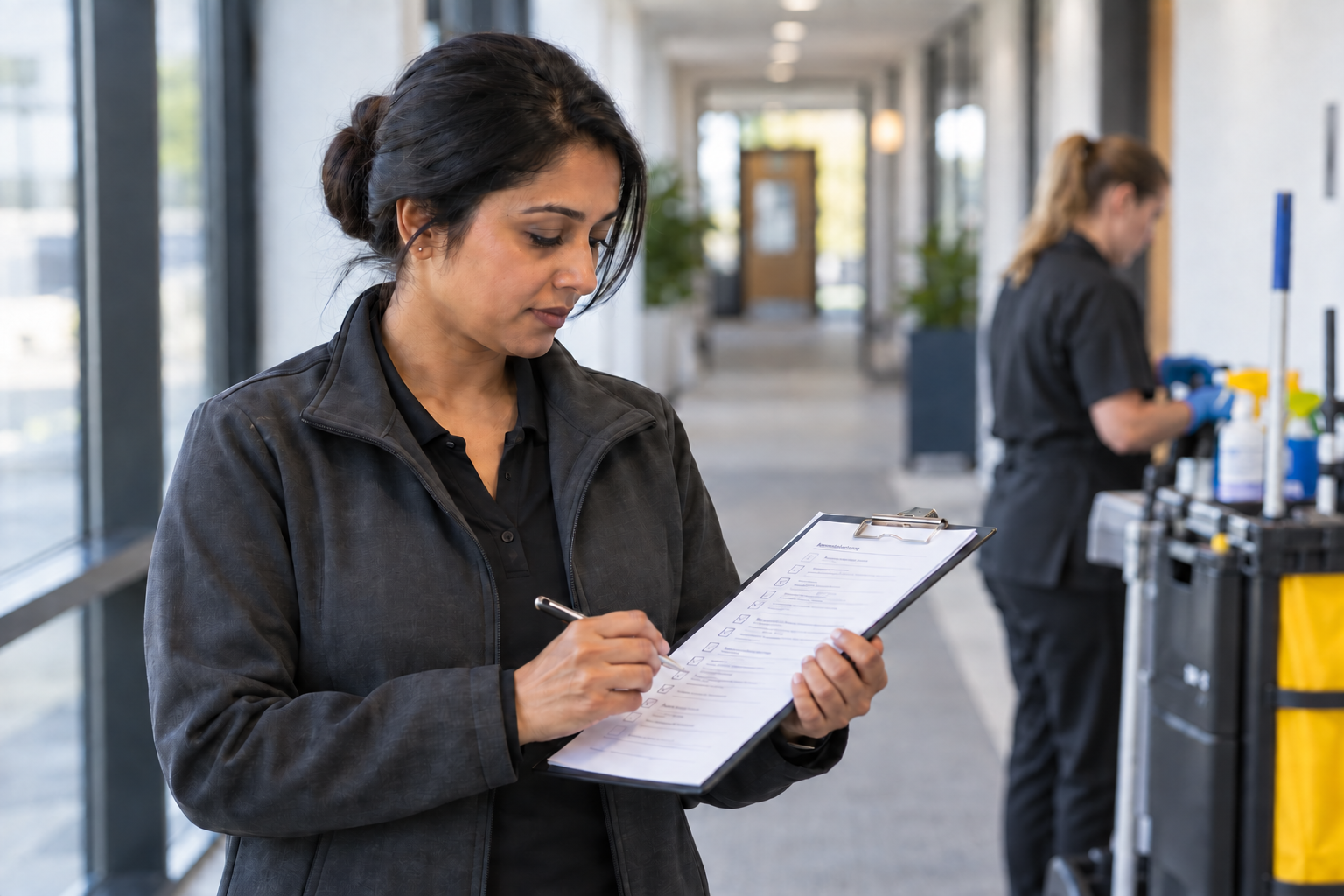 Illustrative workplace supervisor reviewing a service checklist