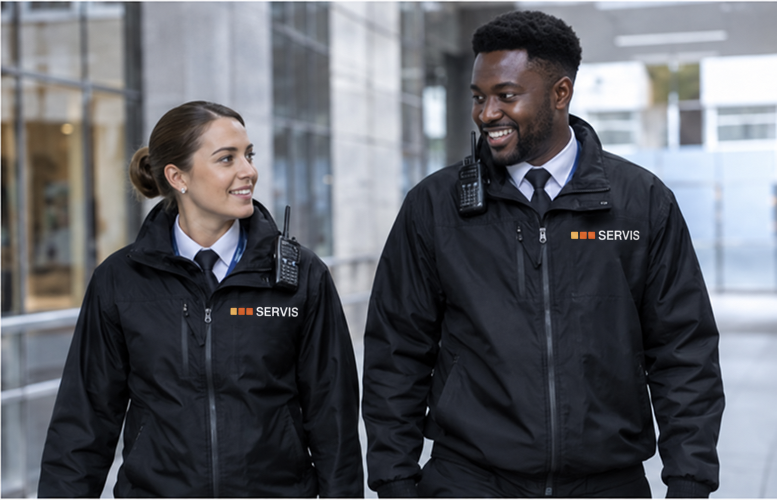 Illustrative Servis security colleagues on patrol outside commercial premises