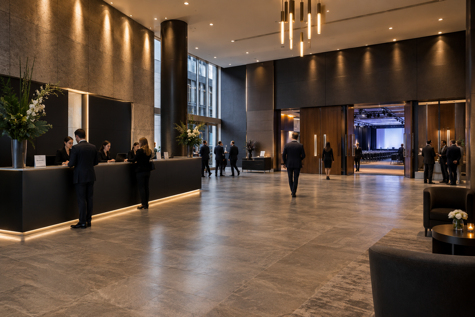 Conference venue foyer prepared for guest arrivals