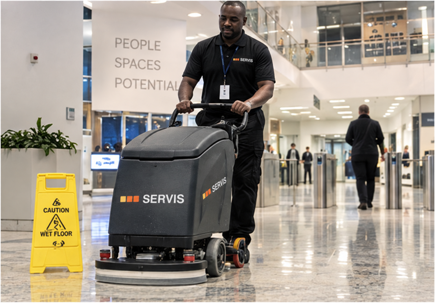 Illustrative Servis colleague using floor-cleaning equipment in a commercial building