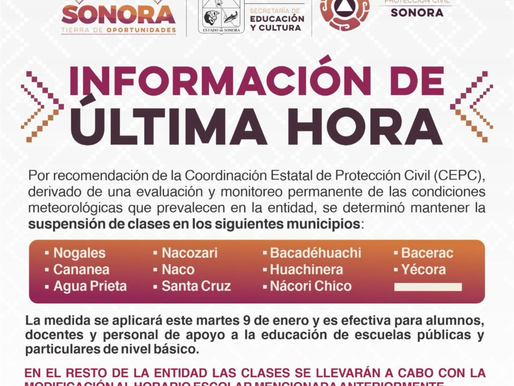 Se determinó mantener suspensión de clases en 11 municipios de la entidad: SEC Sonora