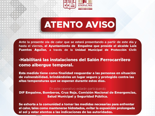 Habilita Ayuntamiento de Empalme albergue temporal por altas temperaturas
