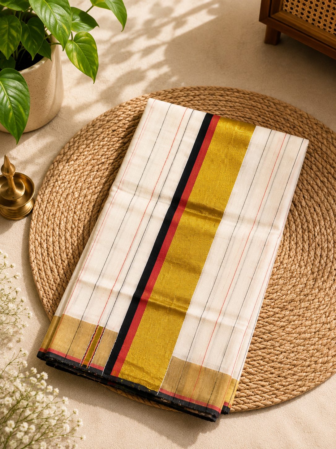 Saree - Ivory Elegance with Gold ,Red and Black Borders