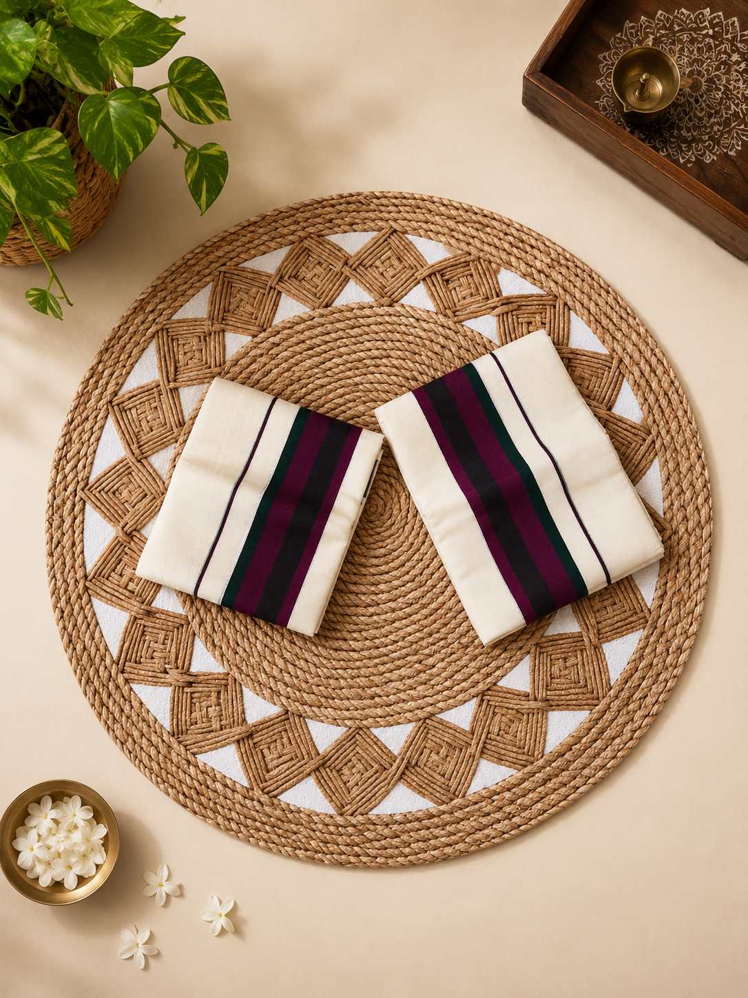 Kerala Set Mundu – Purple & Green Elegance