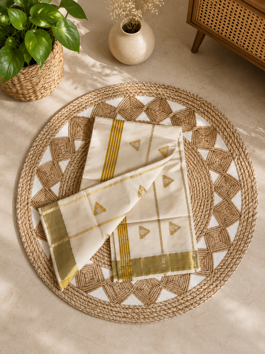 Set Saree – Cream Elegance with Golden Grace