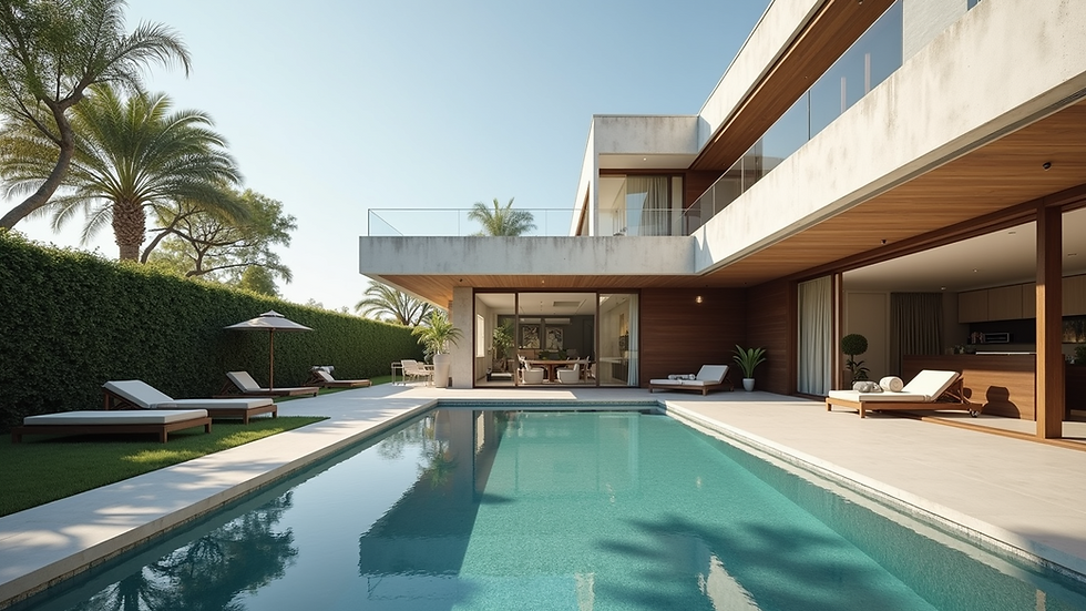 Eye-level view of a modern home with a spacious outdoor patio and pool