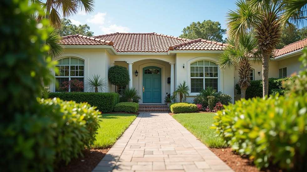 Eye-level view of a charming Southwest Florida home with a well-maintained garden