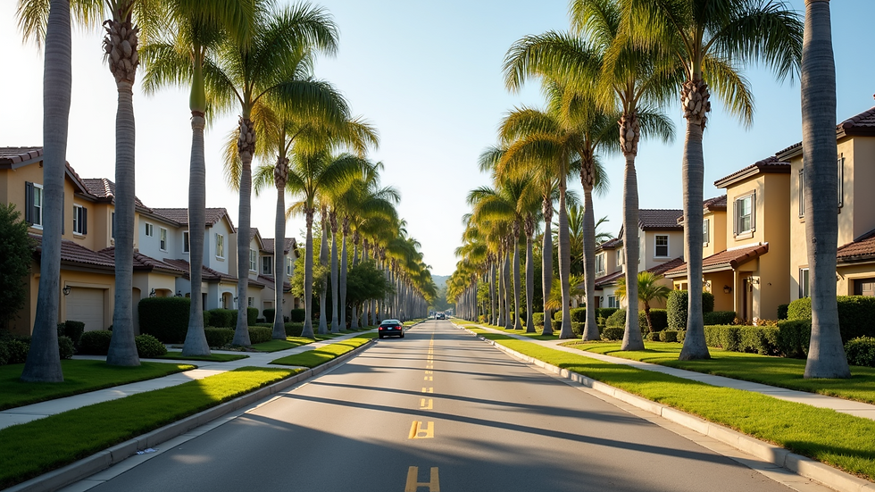 High angle view of a peaceful neighborhood street lined with palm trees and well-kept homes