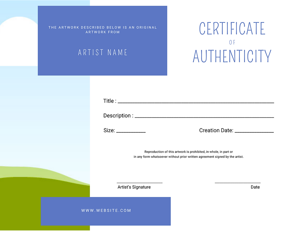 Thumbnail: Unique Certificate of Authenticity - Printable Artist resources