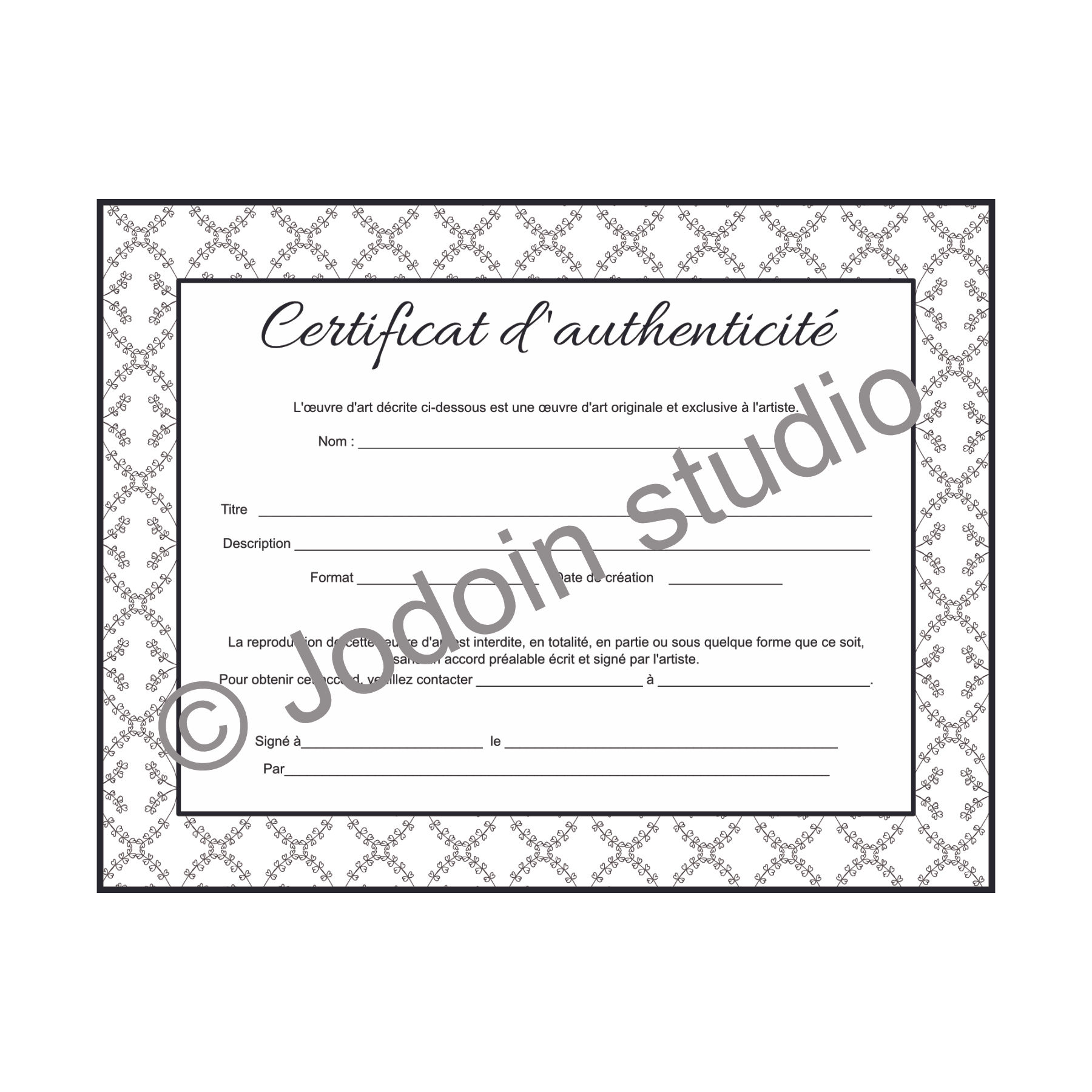 Certificate of authenticity for original work 1