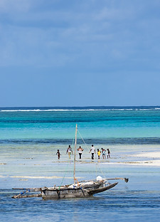 Zanzibar island in Tanzania, beach shot of a family on holiday exploring the rock pools at low tide