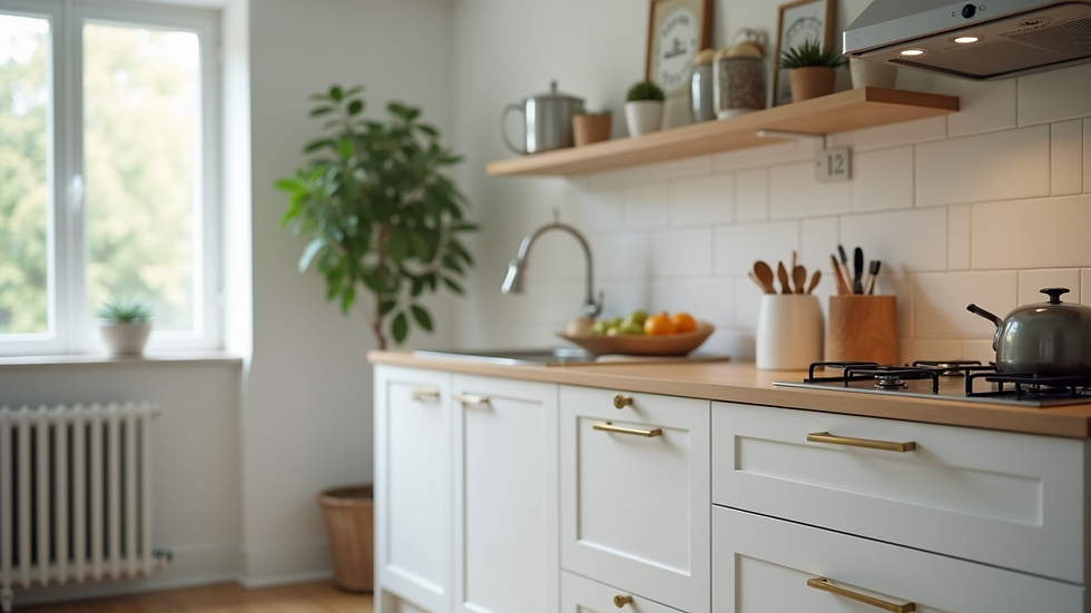 Eye-level view of a modern kitchen with fresh paint and new hardware