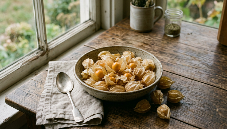 Overhead view of ground cherries in their husks gathered in a shallow bowl.