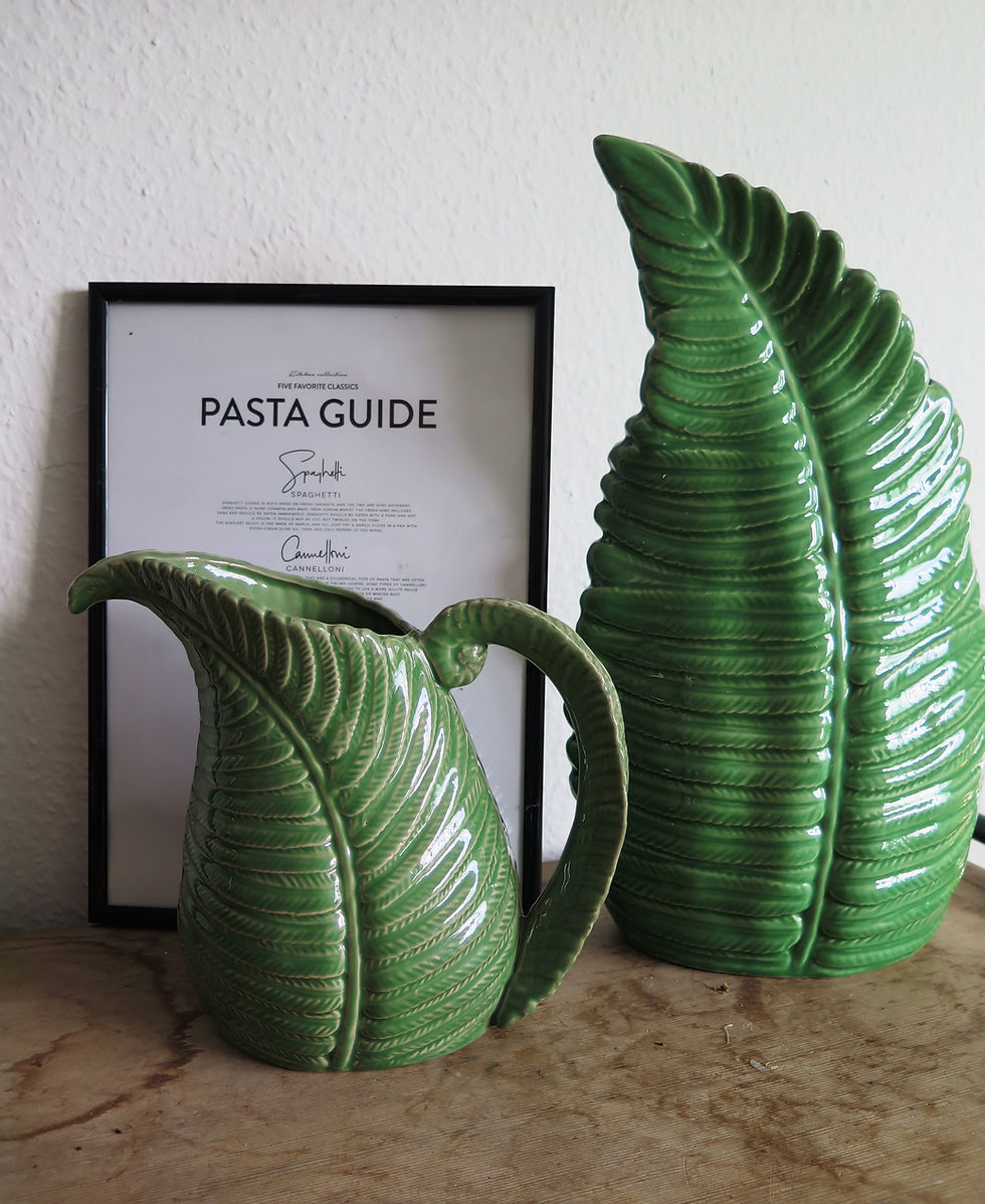 Green leaf hand-sculpted porcelain green fern leaf jug and matching vase