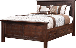 Denali Panel Bed with Optional Underbed Storage Drawer Rails | Panel bed with six inset drawers, three per side. Drawer rail system is raised off floor. | Brown Maple (Circular Sawn) in Almond FC-4200 | Headboard 53 1/4in H, footboard 28 1/2in H | The Amish Home | Amish Furniture at the Pittsburgh Mills