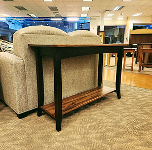 "Floor Model Special $525 Master Sofa Table Two-Tone Finish:
Top & Shelf: Elm with Medium OCS110
Frame: Brown Maple with Rich Tobacco OCS227"
