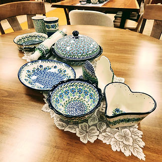 Mug 16oz - Summer Ivy | Mug 16oz - Morning Glory | Small Round Baker w/ Handles - Blue Spring Daisy | Rolling Pin - Green Flora | Rolling Pin Stand - Green Flora | Baker with Cover 12" - Cactus - Unikat (U3) Pattern | Oval Bowl 10" - Blue Joy | Napkin Holder - Green Deco - Unikat (U3) Pattern | Scalloped Bowl 7" - Daisy Full of Love | Heart Bowl 6" - Blue Bell Wreath - Ceramika Artystyczna Bolesławiec Polish Pottery - The Amish Home - Galleria at Pittsburgh Mills Amish Furniture