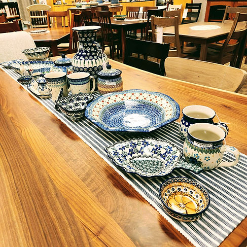 Bowl 4" - Orange Cosmo - Unikat (U4) Pattern | Leaf Bowl 11" - Blue Violets | Bubble Mug 16oz - Blue Dreams | Bubble Mug 16oz - Bleeding Heart | Eight-Sided Bowl 14" - Daisy Lace | Deep Heart Bowl - Blue Chicory | Jar with Lid 6" - Autumn | Vase with Handles 12" - Peacock | Mug 16oz - Picking Flowers | Mug 16oz - Cobalt Tiger | Cream & Sugar with Saucer - Country Garden | Teapot 1.75qt - Orange Flower Wreath | Square Bowl 3" - Blue Cosmo - Unikat (U4) Pattern | Nesting Bowl 5" - Crane In Tulip Splendor - Unikat (U4) Pattern | Pie Bird 4" - Bird Watching | Oval Scalloped Dish - Tiny Blue Forget-Me-Not | Colander with Plate 8" - Flowers at Dusk | Heart Shaped Platter 7" - Crimson Bell - Ceramika Artystyczna Bolesławiec Polish Pottery - The Amish Home - Galleria at Pittsburgh Mills Amish Furniture
