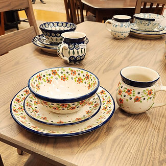 Bubble Mug 16oz (4pc setting) - Peacock | Bubble Mug 16oz (4pc setting) - Simple Scarlet | Bubble Mug 16oz (4pc setting) - White Pansy | Dinner Plate 10" with hanger (4pc setting) - Peacock | Dinner Plate 10" with hanger (4pc setting) - Simple Scarlet | Dinner Plate 10" with hanger (4pc setting) - White Pansy | Nesting Bowl 6.5" (4pc setting) - Peacock | Nesting Bowl 6.5" (4pc setting) - Simple Scarlet | Nesting Bowl 6.5" (4pc setting) - White Pansy | Plate 7.75" (4pc setting) - Peacock | Plate 7.75" (4pc setting) - Simple Scarlet | Plate 7.75" (4pc setting) - White Pansy - Ceramika Artystyczna Bolesławiec Polish Pottery - The Amish Home - Galleria at Pittsburgh Mills Amish Furniture