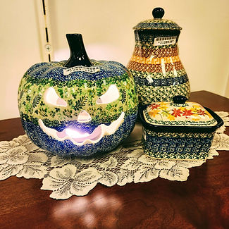 Jack-o'-lantern Candleholder - Jungle River | Small Box with Lid - Fall Vibes | Pitcher 34oz - Autumn - Ceramika Artystyczna Bolesławiec Polish Pottery - The Amish Home - Galleria at Pittsburgh Mills Amish Furniture