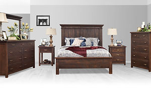 Timbermill Bedroom Furniture Collection|Rugged bedroom furniture collection with 1 1/2 inch solid wood tops with softened front edges, square corner posts, inset flat panel sides, and flush inset drawers with beaded trim. Dresser with nine drawers, one drawer nightstand with open shelf, bed with shiplap panels, rosettes, and statement crown molding, three drawer nightstand, and six drawer chest. Rustic cherry, kona finish, antique brushed satin brass hardware.|Solid Rustic Cherry in Kona FC-3030|The Amish Home|Amish Furniture at the Pittsburgh Mills