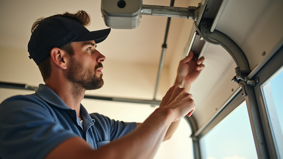 Eye-level view of a technician inspecting a garage door spring