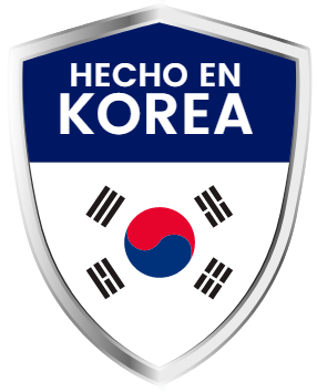 Shield badge reading “Hecho en Korea” with South Korean flag.