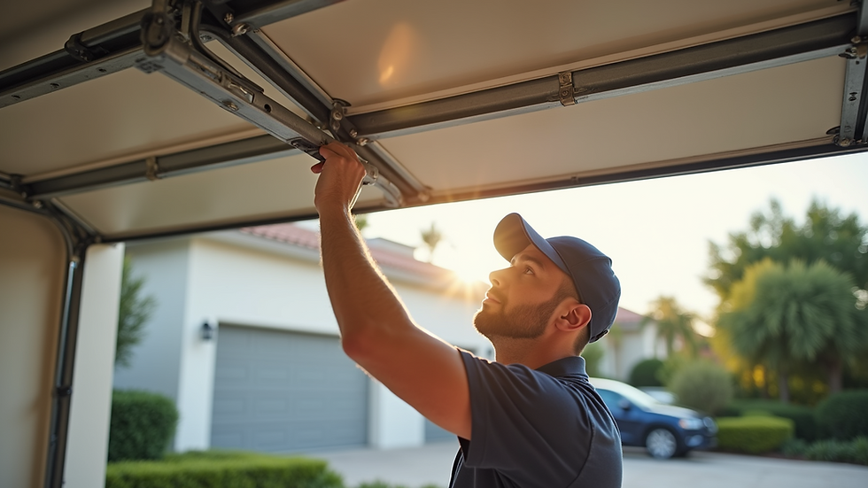 Eye-level view of a garage door technician inspecting a garage door spring